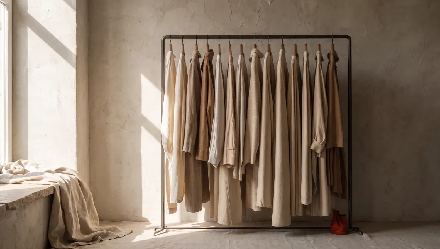 Editorial-Modeaufnahme: Garderobe in Naturtönen an einer Kleiderstange
