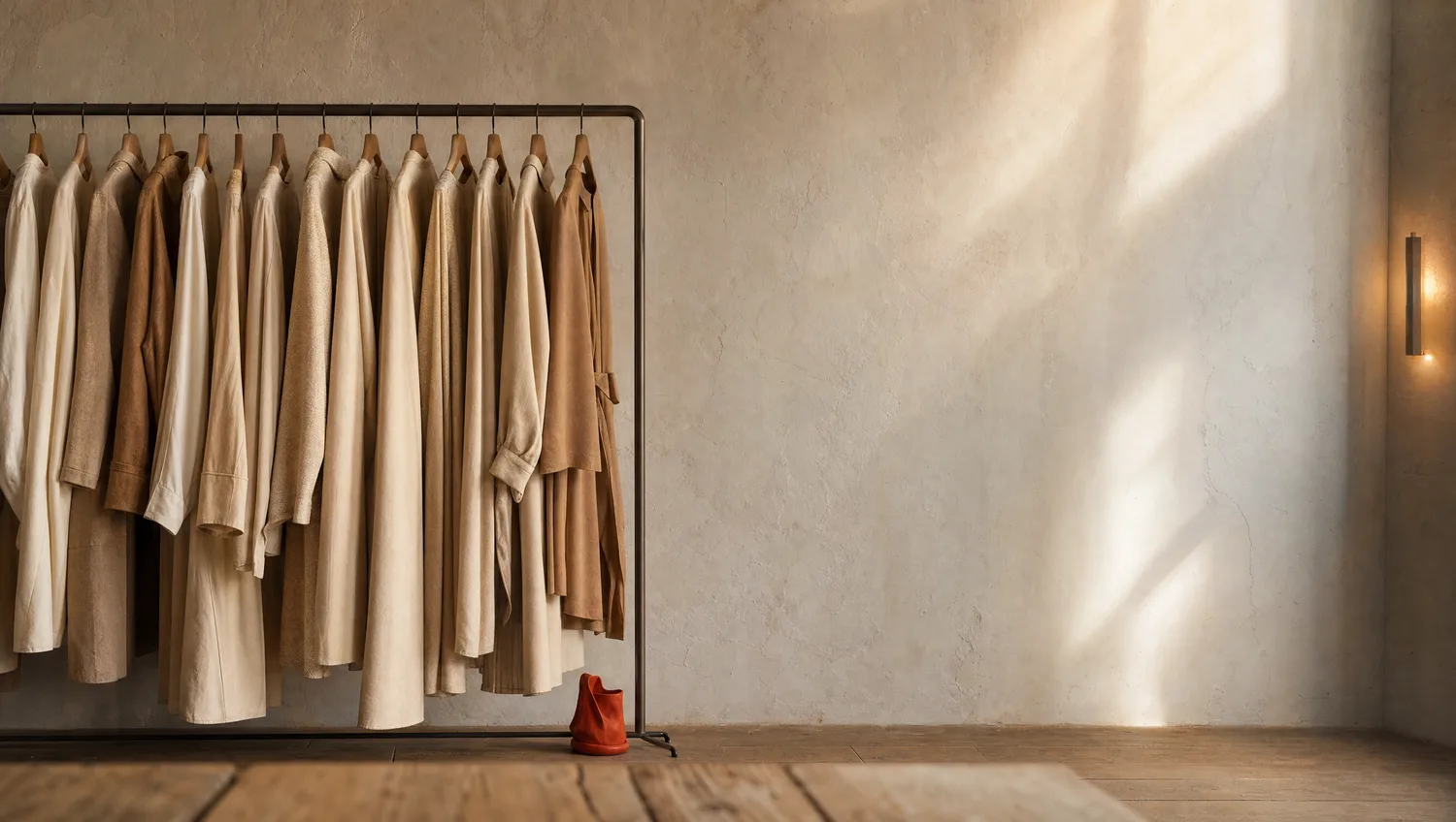 Editorial-Modeaufnahme: Garderobe in Naturtönen an einer Kleiderstange