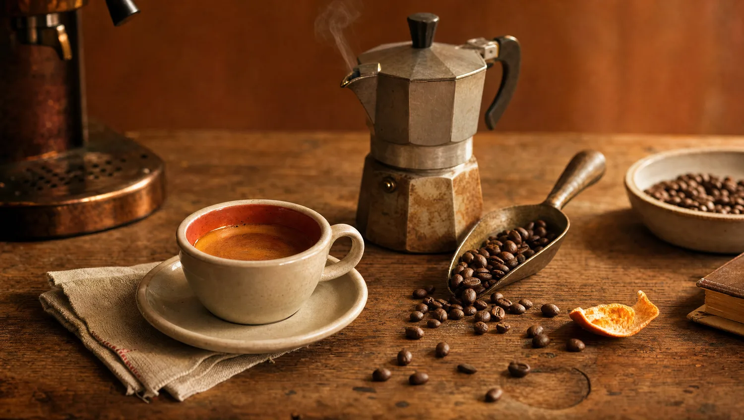 Warme Kaffeerösterei mit Espressotassen und Bohnen
