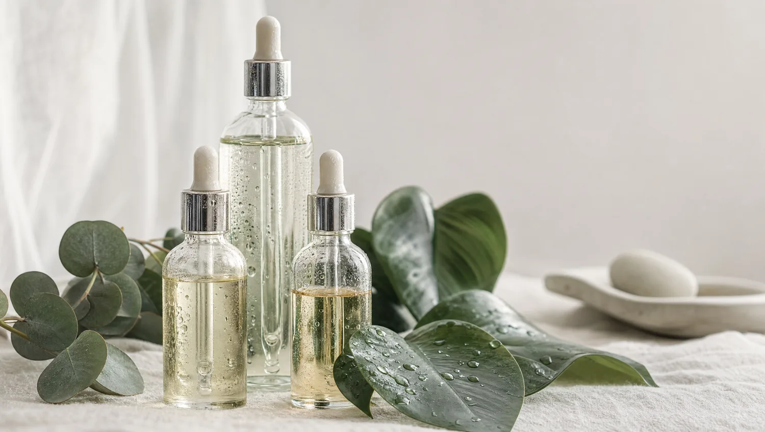 Botanische Hautpflege-Produkte mit Pflanzen im weichen Licht